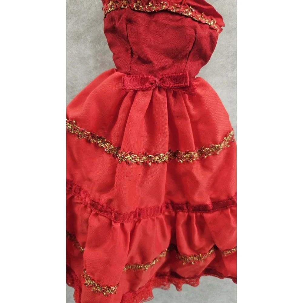 Barbie Sized Christmas Gown Red‎ Gold Holiday Dress Clothes Vtg DRESS ONLY